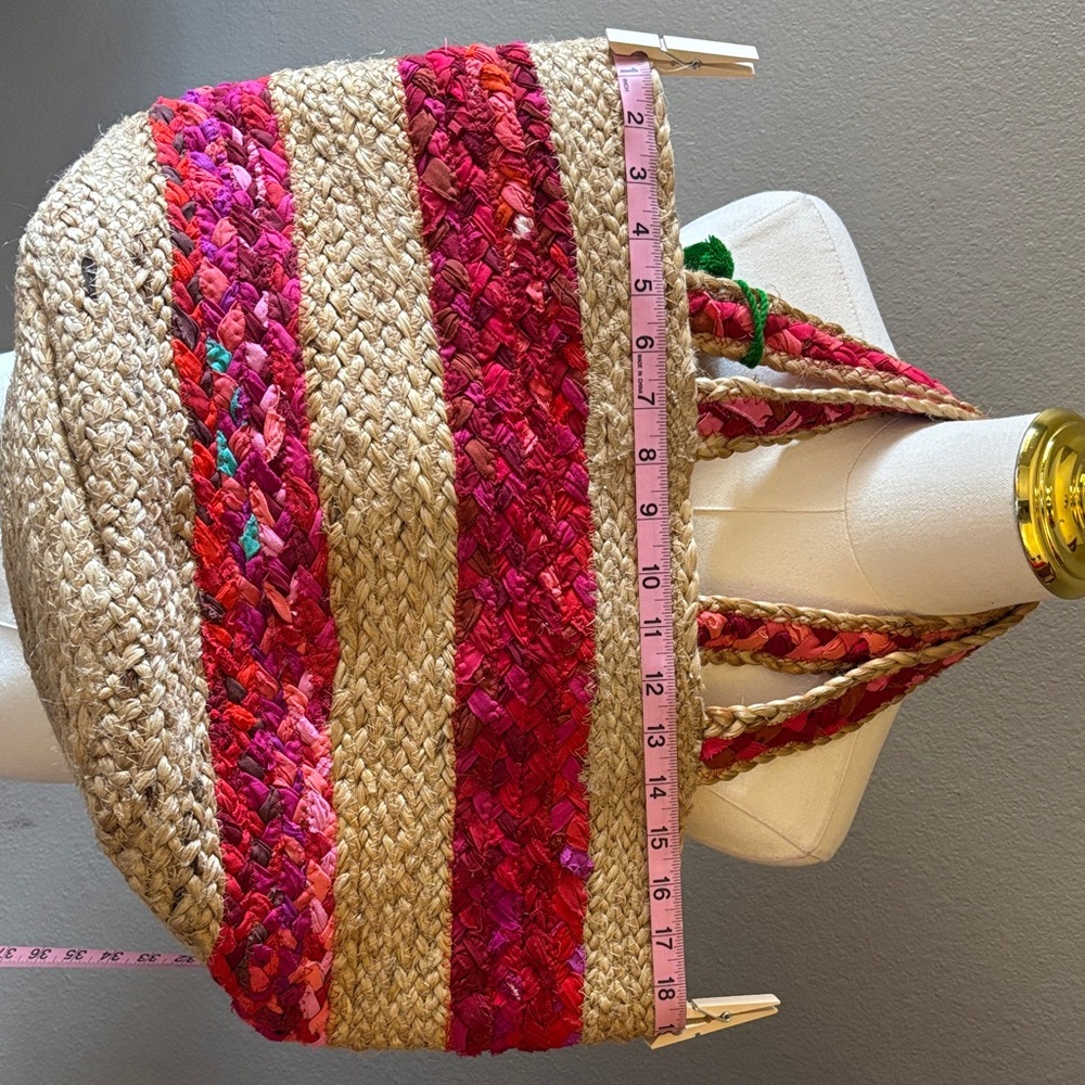 America & Beyond Boho Jute Straw Tote Pink Stripe Pom Pom Beach Market Bag - Picture 4 of 8